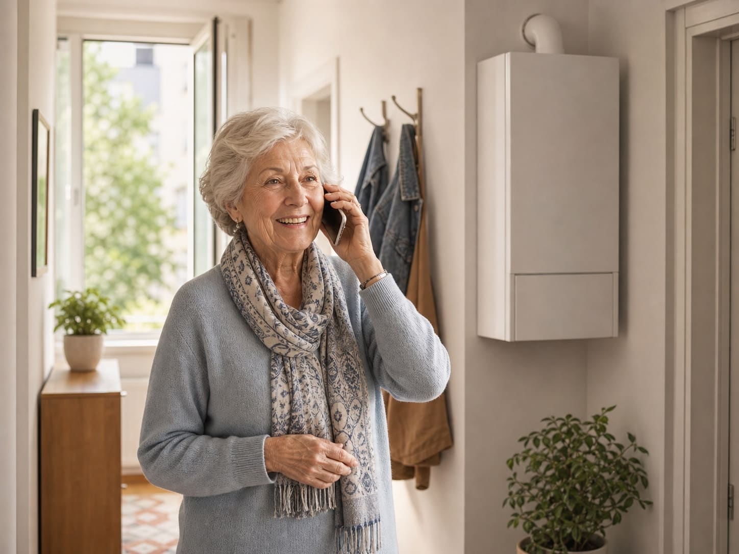 Ältere Dame ruft den Gasgeräte-Kundendienst in einem sicheren Zuhause an