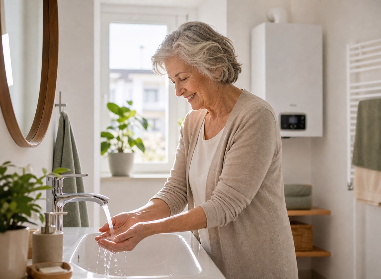 Ältere Dame mit warmem Wasser im Badezimmer