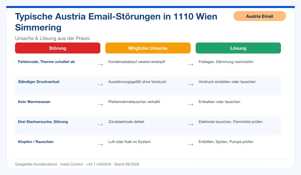 Infografik Austria Email Thermenreparatur 1110 Wien Simmering: typische Störungen, Ursachen und Lösungen