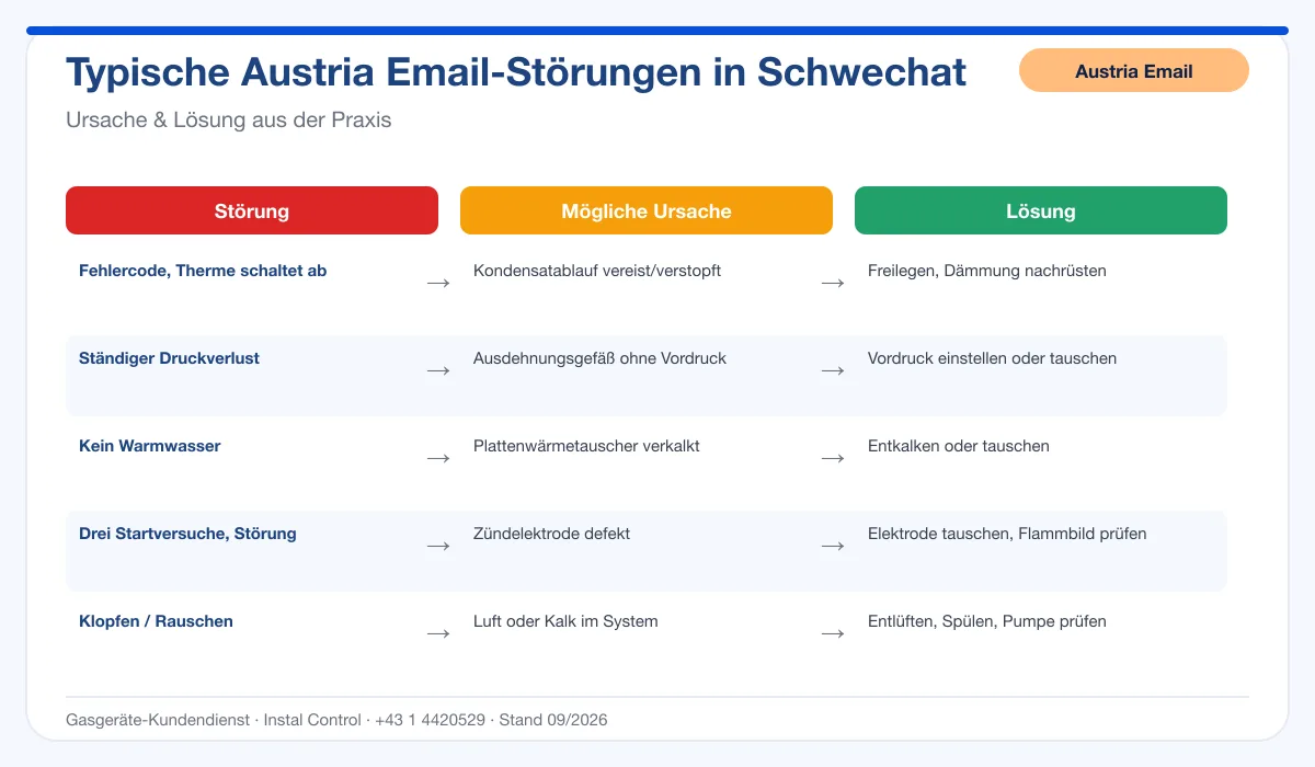 Infografik Austria Email Thermenreparatur Schwechat: typische Störungen, Ursachen und Lösungen