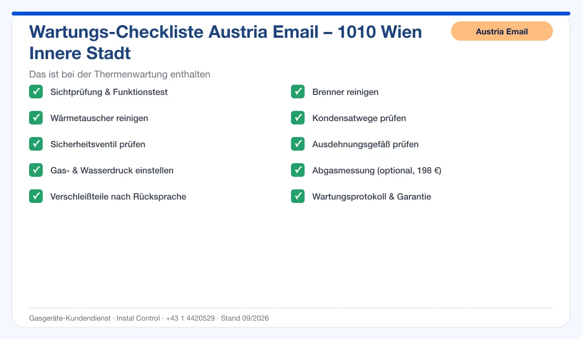 Infografik Austria Email Thermenwartung 1010 Wien Innere Stadt: Wartungs-Checkliste mit 10 enthaltenen Leistungen