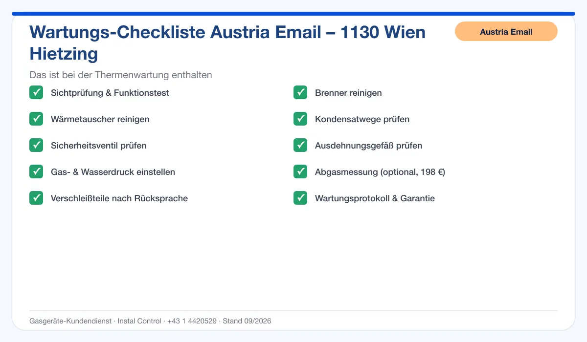 Infografik Austria Email Thermenwartung 1130 Wien Hietzing: Wartungs-Checkliste mit 10 enthaltenen Leistungen