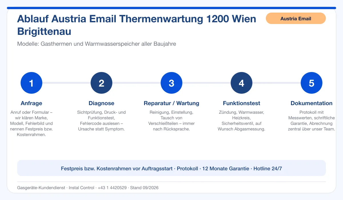 Infografik Ablauf Austria Email Thermenwartung 1200 Wien Brigittenau: Anfrage, Diagnose, Service, Funktionstest, Protokoll