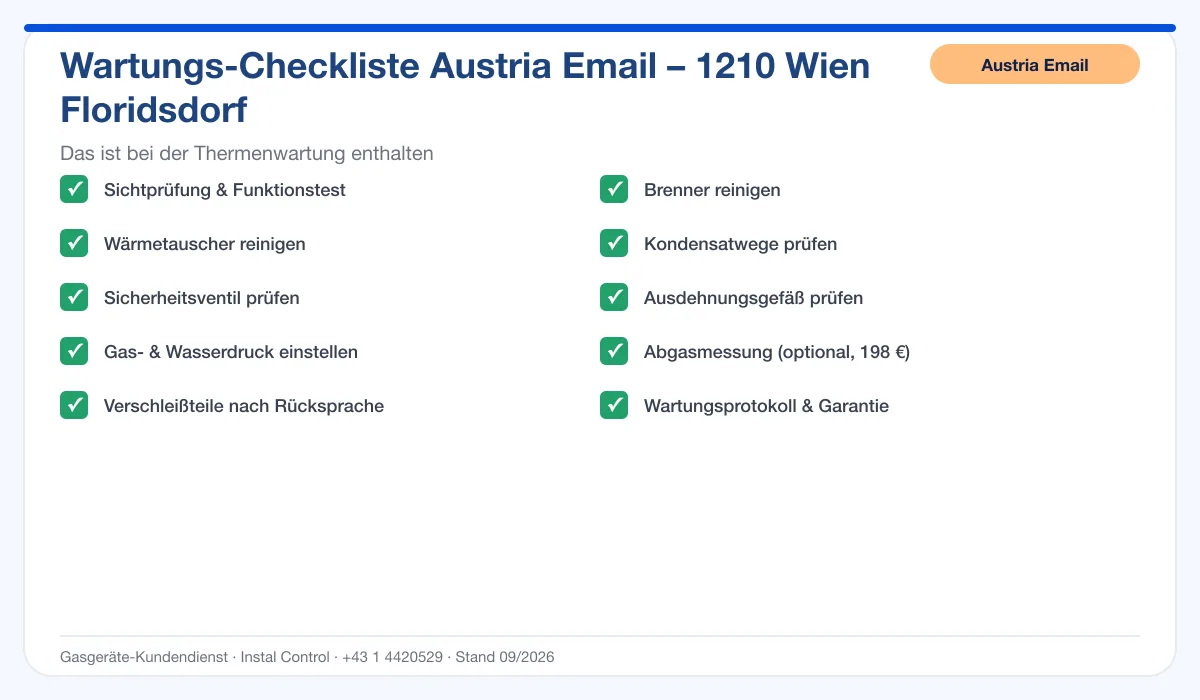 Infografik Austria Email Thermenwartung 1210 Wien Floridsdorf: Wartungs-Checkliste mit 10 enthaltenen Leistungen