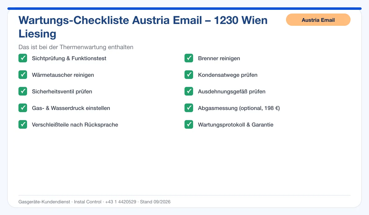 Infografik Austria Email Thermenwartung 1230 Wien Liesing: Wartungs-Checkliste mit 10 enthaltenen Leistungen