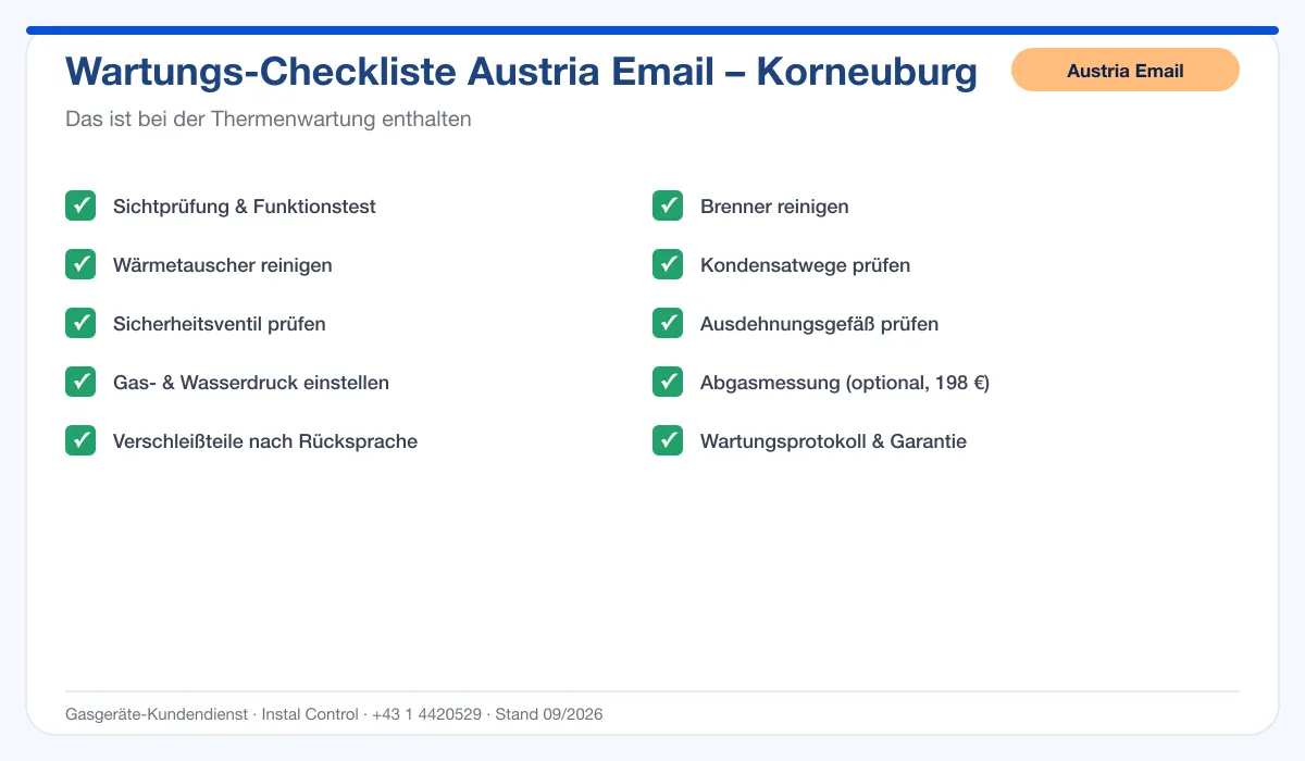 Infografik Austria Email Thermenwartung Korneuburg: Wartungs-Checkliste mit 10 enthaltenen Leistungen
