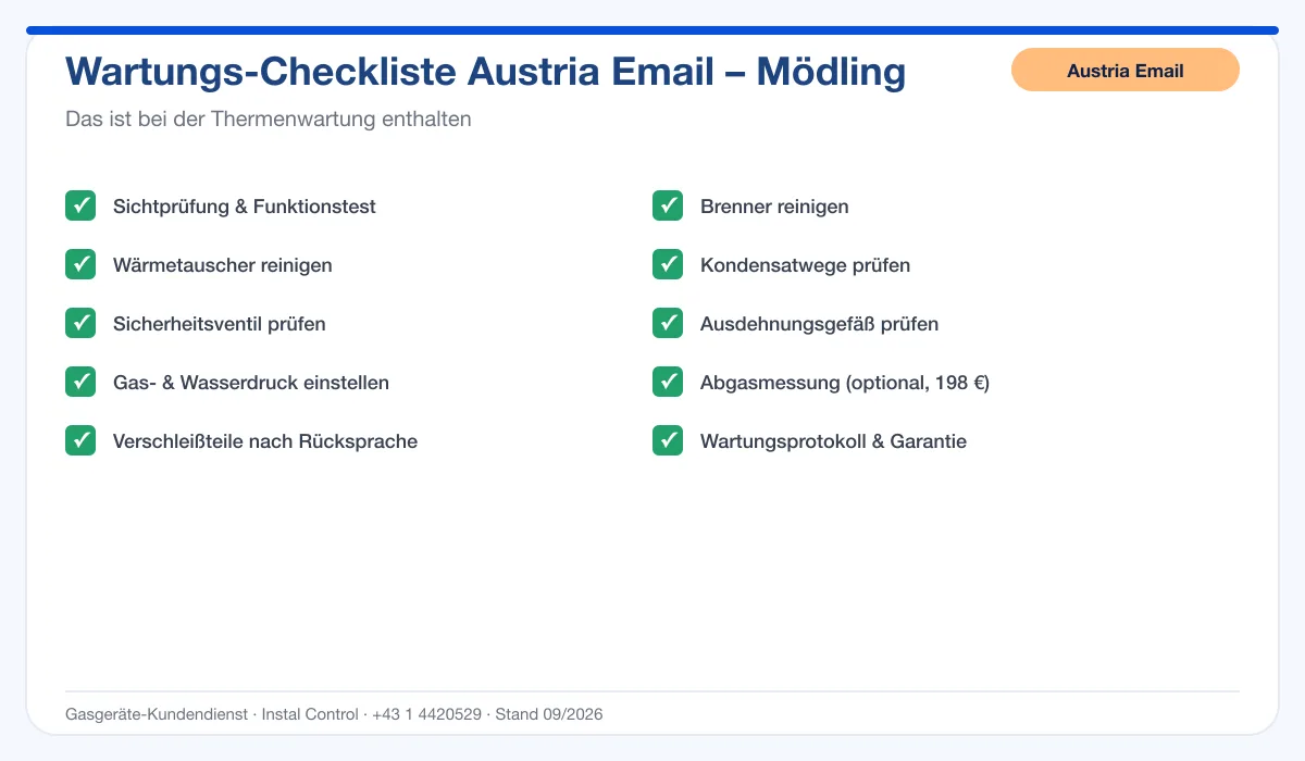 Infografik Austria Email Thermenwartung Mödling: Wartungs-Checkliste mit 10 enthaltenen Leistungen