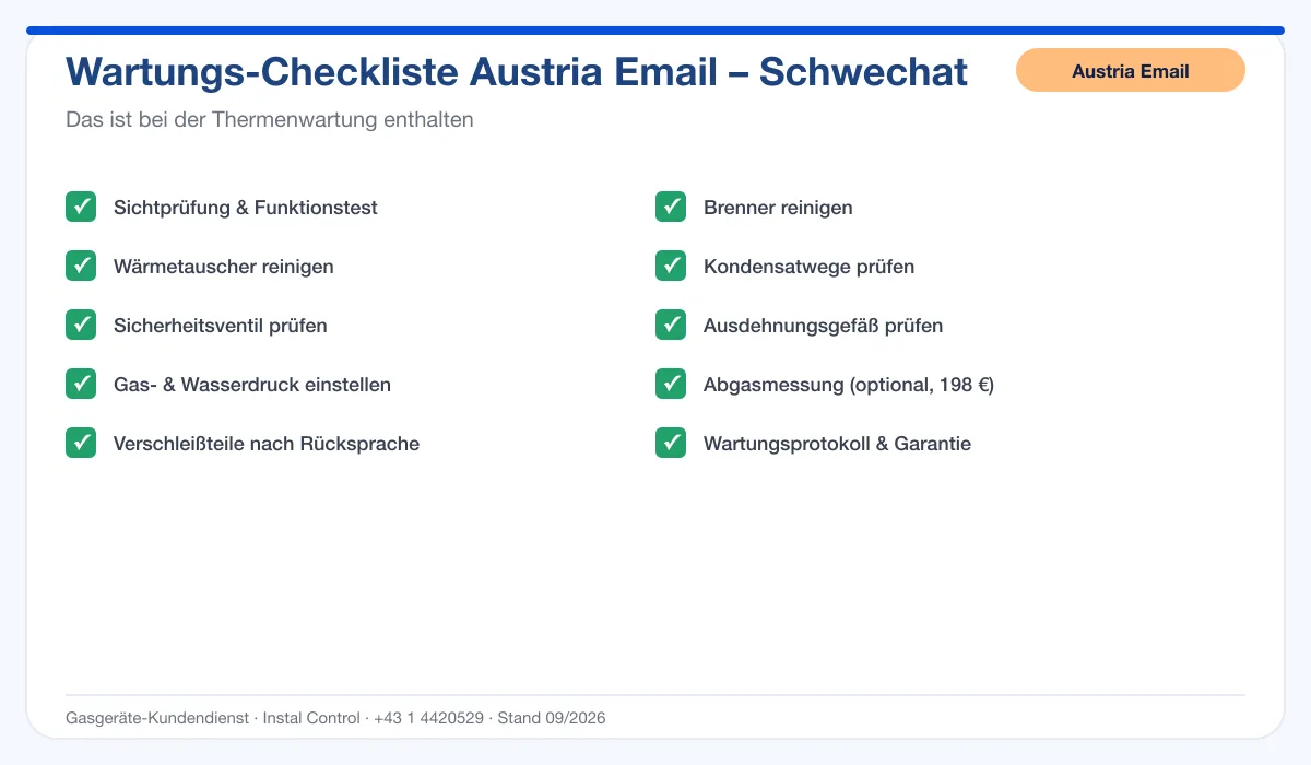 Infografik Austria Email Thermenwartung Schwechat: Wartungs-Checkliste mit 10 enthaltenen Leistungen