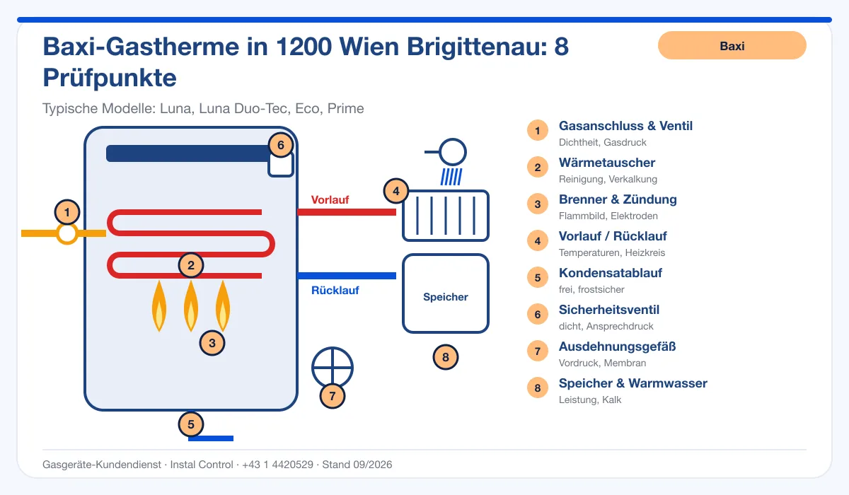 Infografik Baxi Thermenreparatur 1200 Wien Brigittenau: Aufbau einer Baxi-Gastherme mit 8 Prüfpunkten