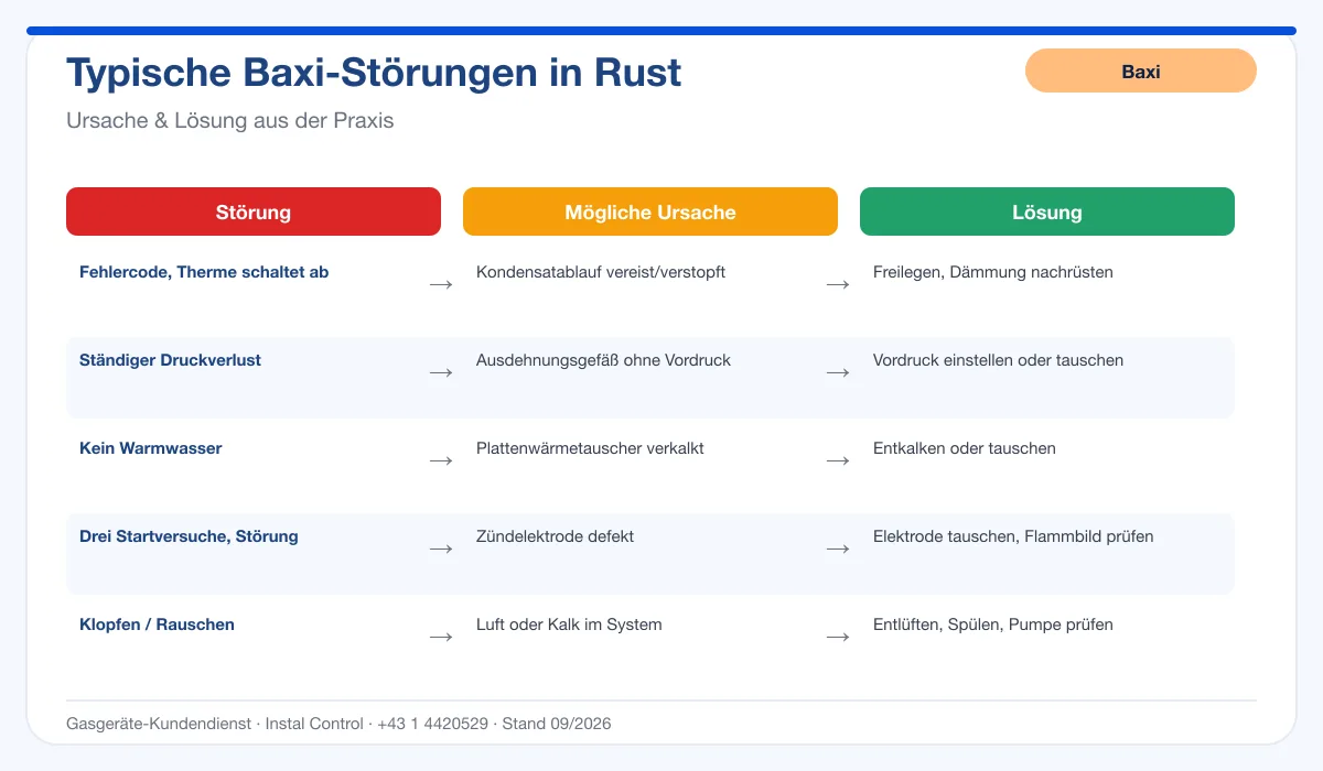 Infografik Baxi Thermenreparatur Rust: typische Störungen, Ursachen und Lösungen