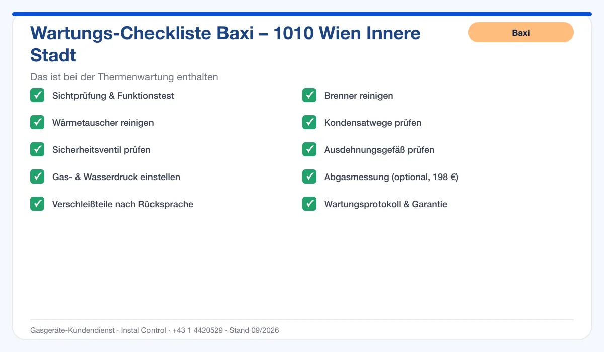 Infografik Baxi Thermenwartung 1010 Wien Innere Stadt: Wartungs-Checkliste mit 10 enthaltenen Leistungen