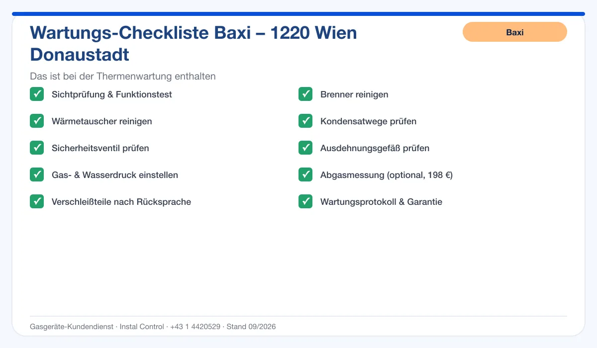 Infografik Baxi Thermenwartung 1220 Wien Donaustadt: Wartungs-Checkliste mit 10 enthaltenen Leistungen