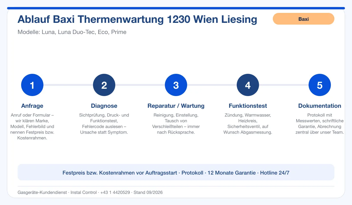 Infografik Ablauf Baxi Thermenwartung 1230 Wien Liesing: Anfrage, Diagnose, Service, Funktionstest, Protokoll
