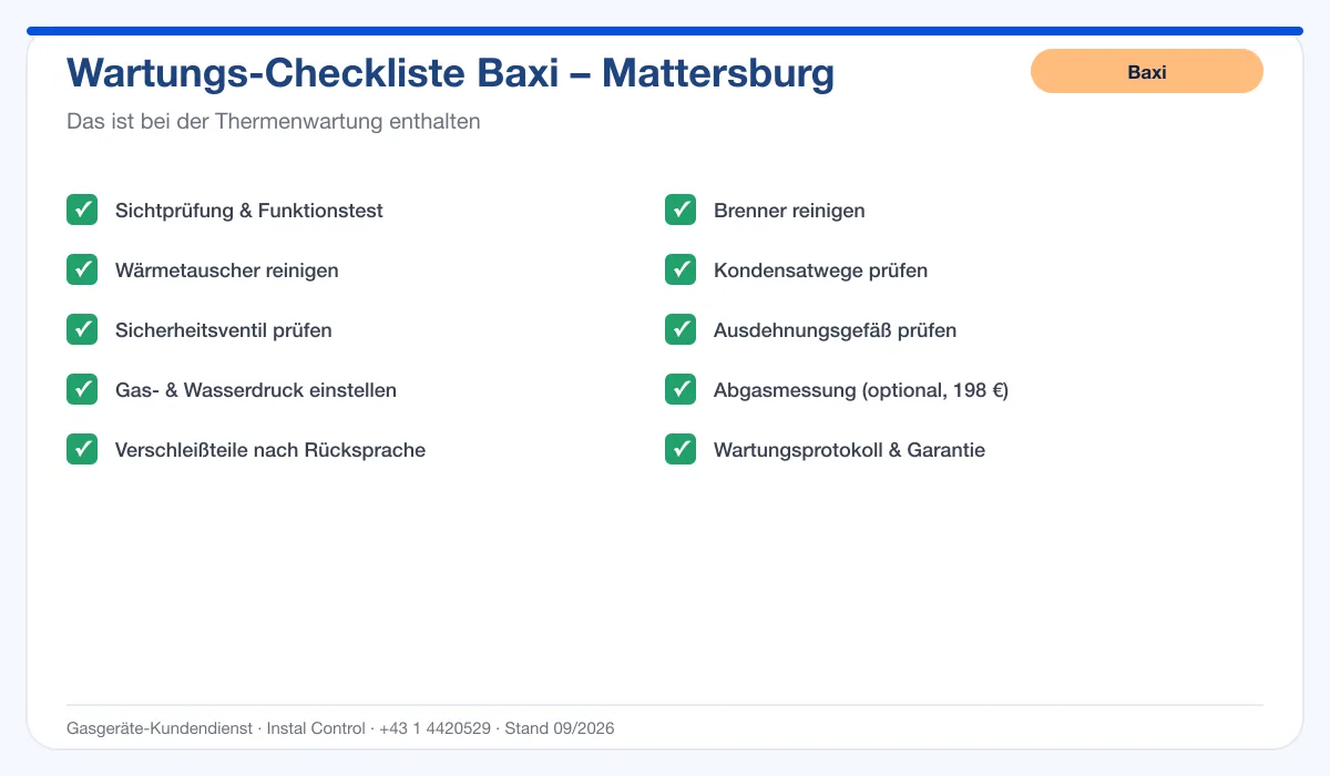 Infografik Baxi Thermenwartung Mattersburg: Wartungs-Checkliste mit 10 enthaltenen Leistungen