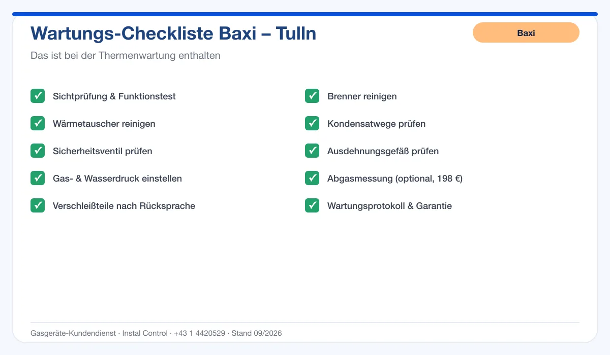 Infografik Baxi Thermenwartung Tulln: Wartungs-Checkliste mit 10 enthaltenen Leistungen