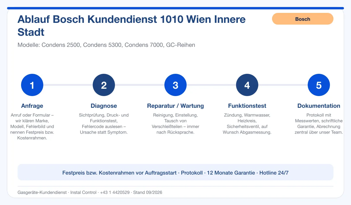 Infografik Ablauf Bosch Kundendienst 1010 Wien Innere Stadt: Anfrage, Diagnose, Service, Funktionstest, Protokoll