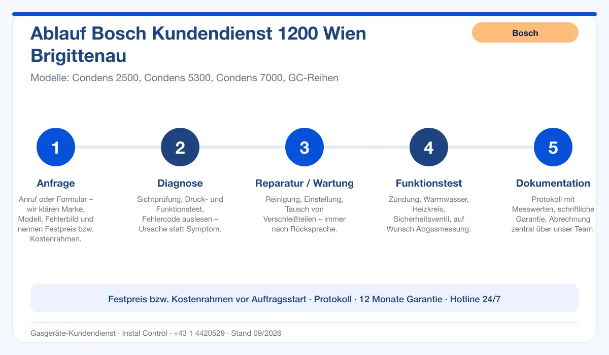 Infografik Ablauf Bosch Kundendienst 1200 Wien Brigittenau: Anfrage, Diagnose, Service, Funktionstest, Protokoll