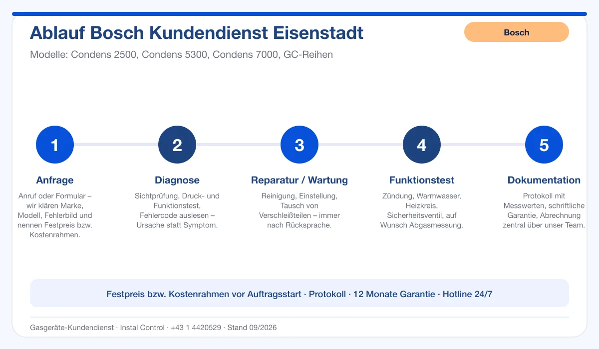 Infografik Ablauf Bosch Kundendienst Eisenstadt: Anfrage, Diagnose, Service, Funktionstest, Protokoll