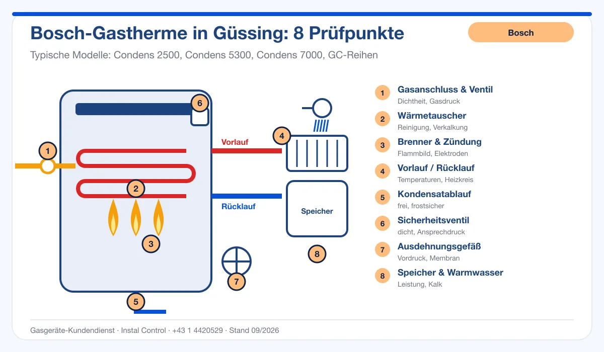 Infografik Bosch Kundendienst Güssing: Aufbau einer Bosch-Gastherme mit 8 Prüfpunkten