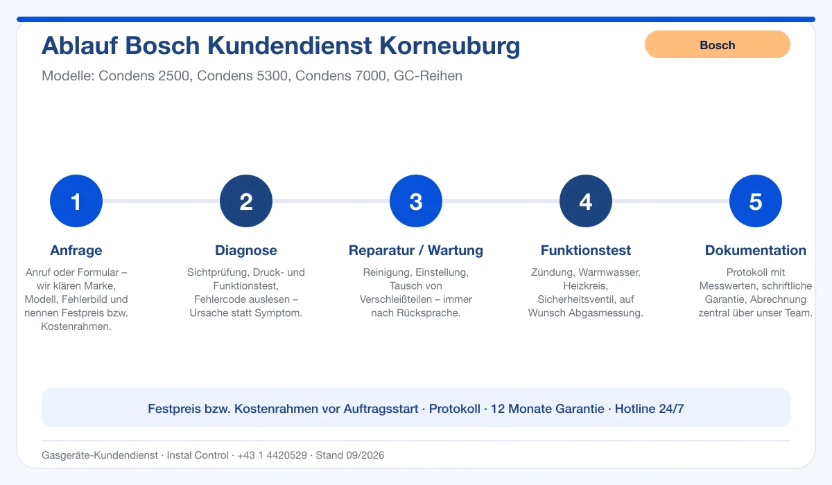 Infografik Ablauf Bosch Kundendienst Korneuburg: Anfrage, Diagnose, Service, Funktionstest, Protokoll