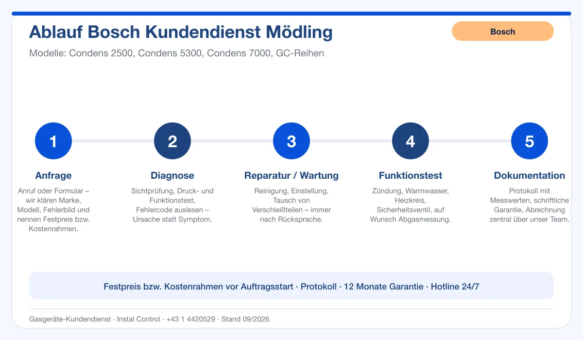 Infografik Ablauf Bosch Kundendienst Mödling: Anfrage, Diagnose, Service, Funktionstest, Protokoll