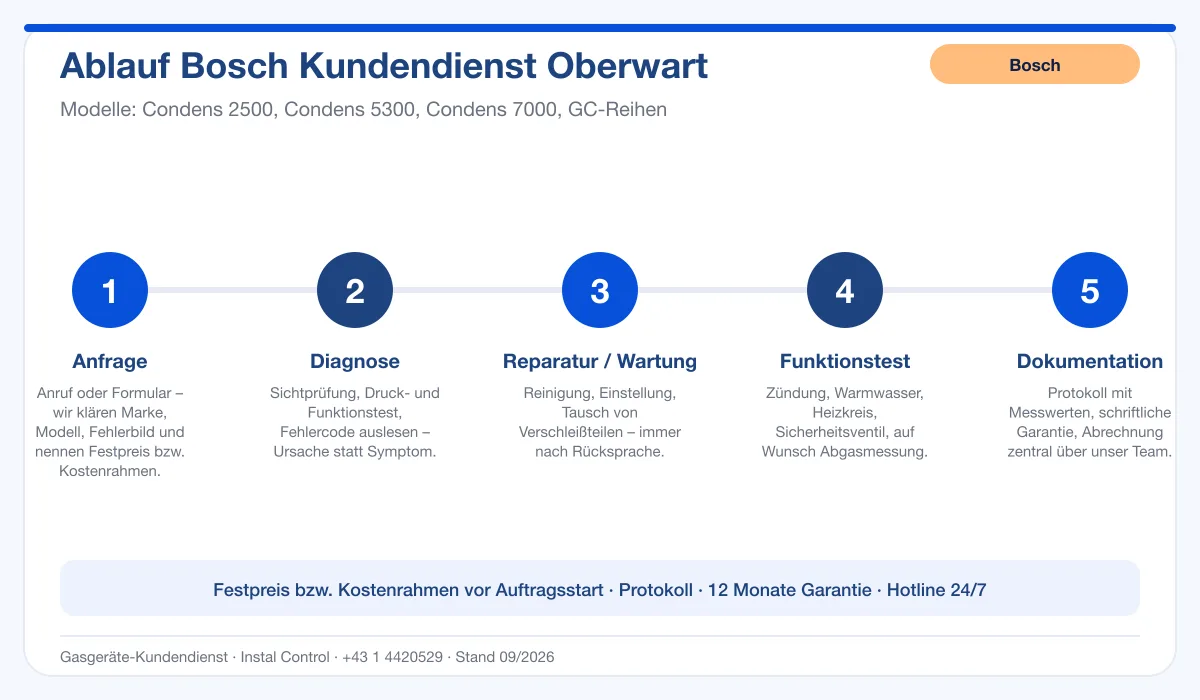 Infografik Ablauf Bosch Kundendienst Oberwart: Anfrage, Diagnose, Service, Funktionstest, Protokoll