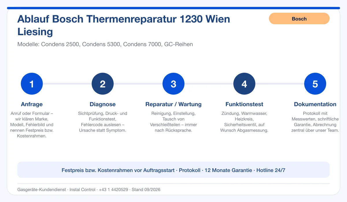 Infografik Ablauf Bosch Thermenreparatur 1230 Wien Liesing: Anfrage, Diagnose, Service, Funktionstest, Protokoll