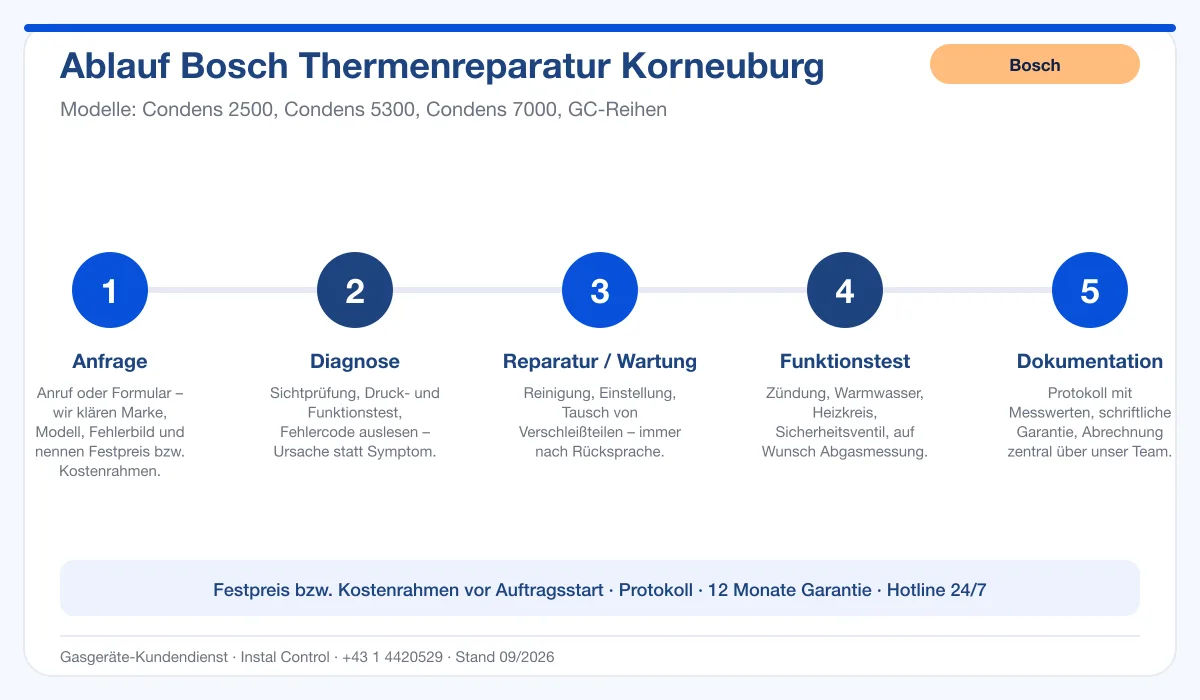 Infografik Ablauf Bosch Thermenreparatur Korneuburg: Anfrage, Diagnose, Service, Funktionstest, Protokoll
