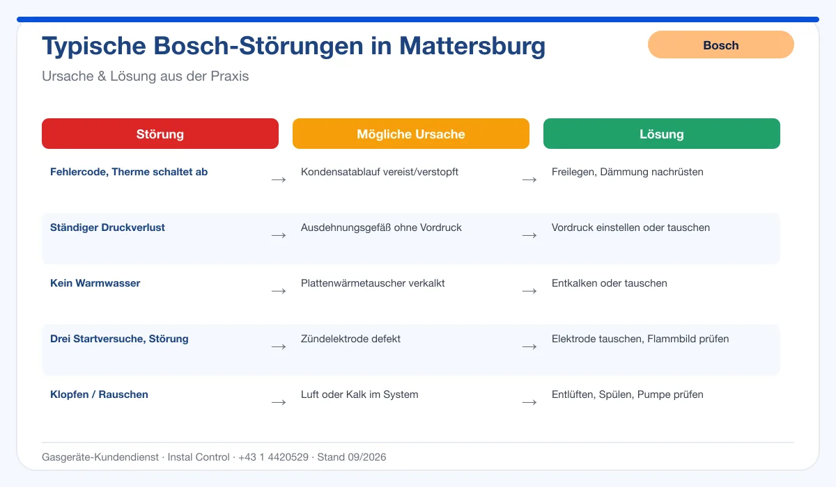 Infografik Bosch Thermenreparatur Mattersburg: typische Störungen, Ursachen und Lösungen
