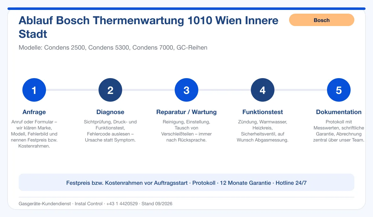 Infografik Ablauf Bosch Thermenwartung 1010 Wien Innere Stadt: Anfrage, Diagnose, Service, Funktionstest, Protokoll