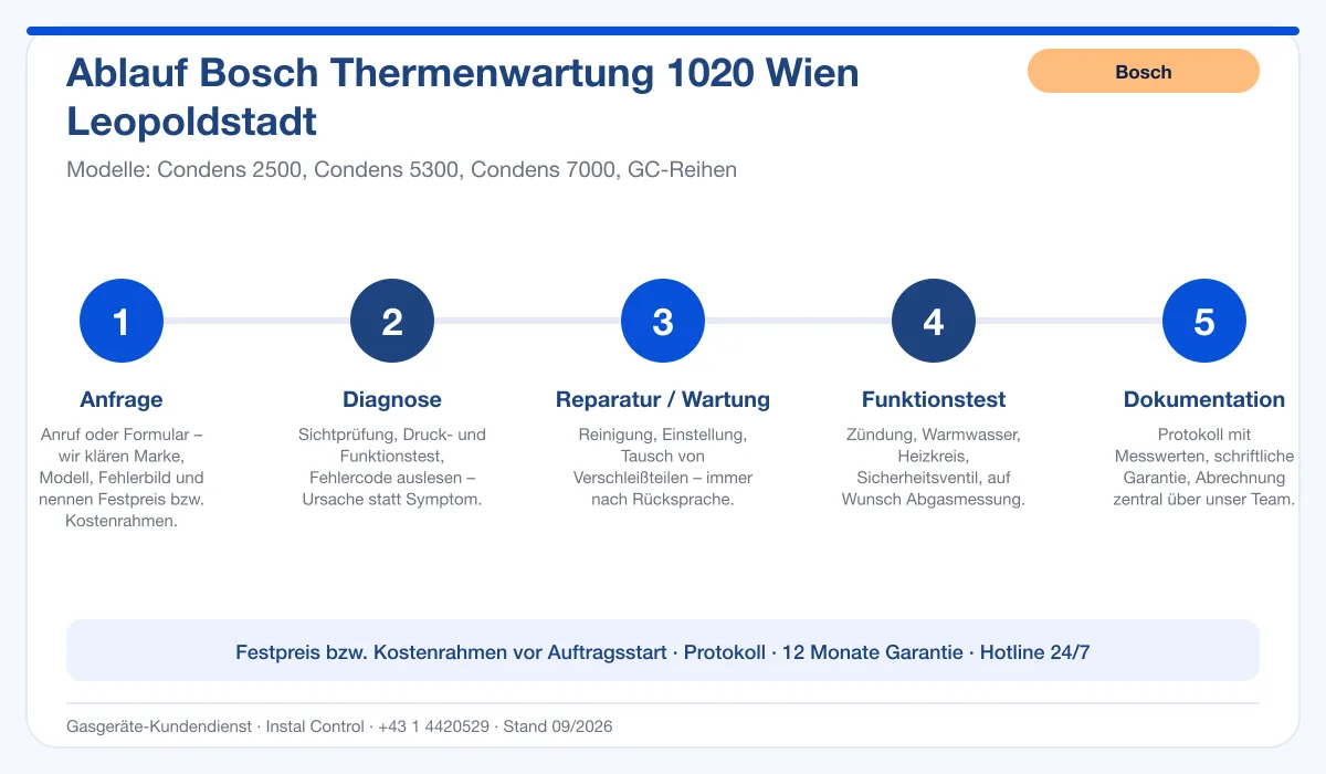 Infografik Ablauf Bosch Thermenwartung 1020 Wien Leopoldstadt: Anfrage, Diagnose, Service, Funktionstest, Protokoll