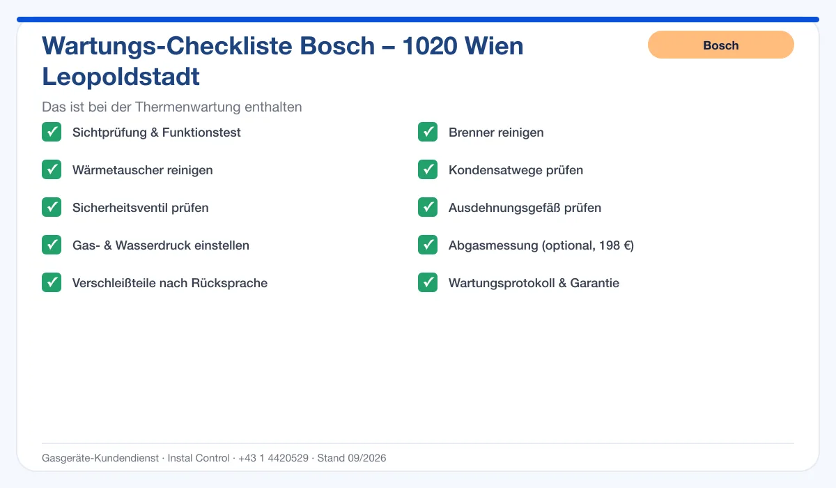 Infografik Bosch Thermenwartung 1020 Wien Leopoldstadt: Wartungs-Checkliste mit 10 enthaltenen Leistungen