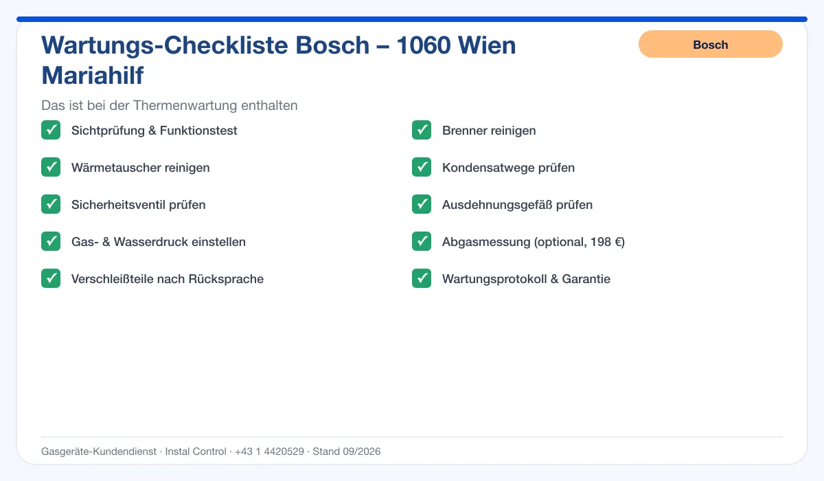 Infografik Bosch Thermenwartung 1060 Wien Mariahilf: Wartungs-Checkliste mit 10 enthaltenen Leistungen
