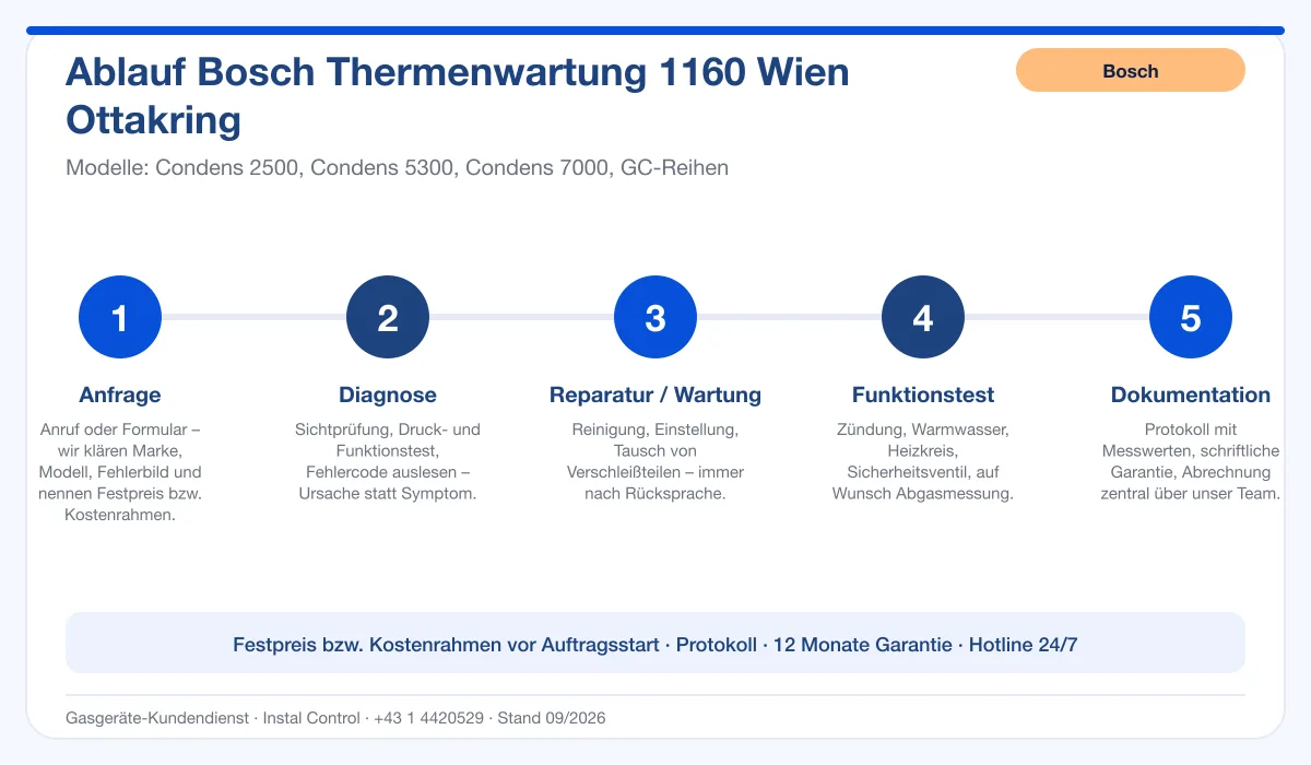 Infografik Ablauf Bosch Thermenwartung 1160 Wien Ottakring: Anfrage, Diagnose, Service, Funktionstest, Protokoll
