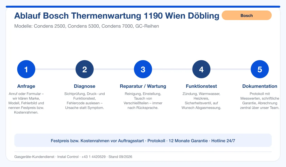 Infografik Ablauf Bosch Thermenwartung 1190 Wien Döbling: Anfrage, Diagnose, Service, Funktionstest, Protokoll