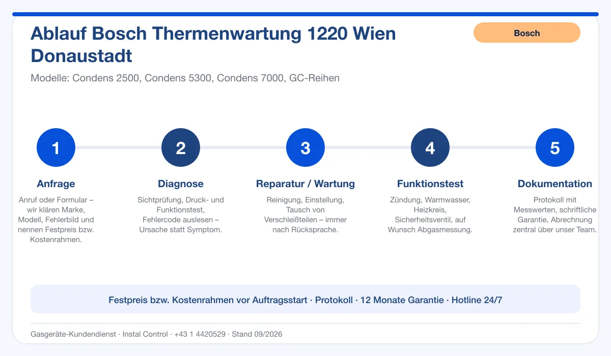 Infografik Ablauf Bosch Thermenwartung 1220 Wien Donaustadt: Anfrage, Diagnose, Service, Funktionstest, Protokoll