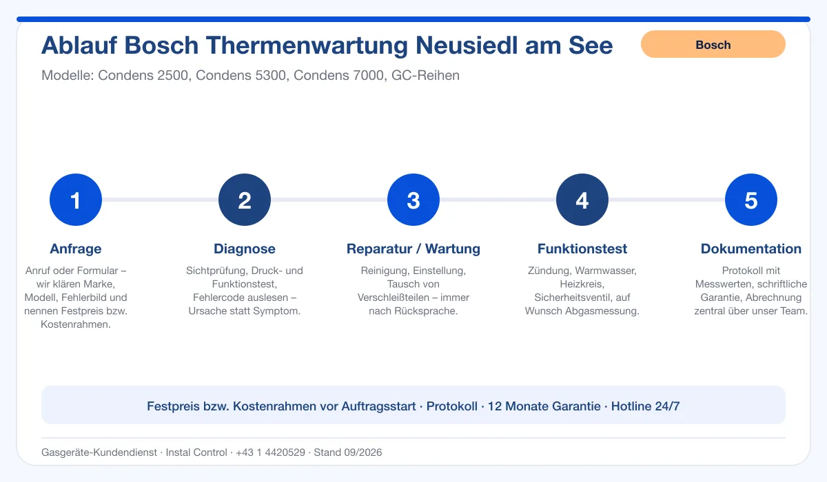 Infografik Ablauf Bosch Thermenwartung Neusiedl am See: Anfrage, Diagnose, Service, Funktionstest, Protokoll