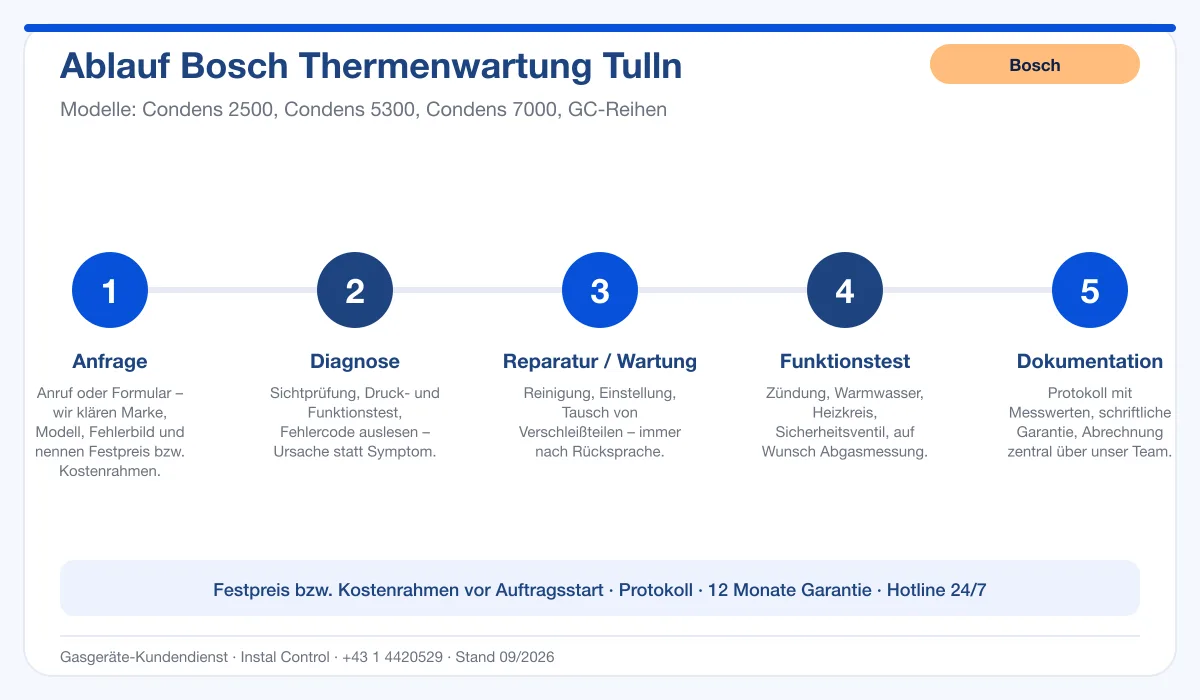 Infografik Ablauf Bosch Thermenwartung Tulln: Anfrage, Diagnose, Service, Funktionstest, Protokoll