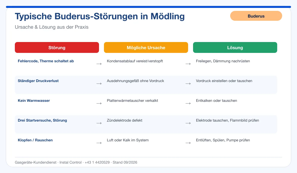 Infografik Buderus Thermenreparatur Mödling: typische Störungen, Ursachen und Lösungen