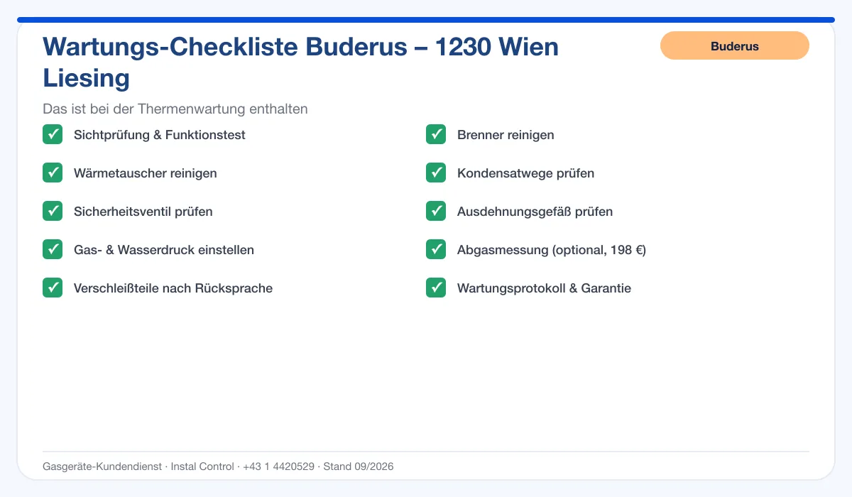 Infografik Buderus Thermenwartung 1230 Wien Liesing: Wartungs-Checkliste mit 10 enthaltenen Leistungen