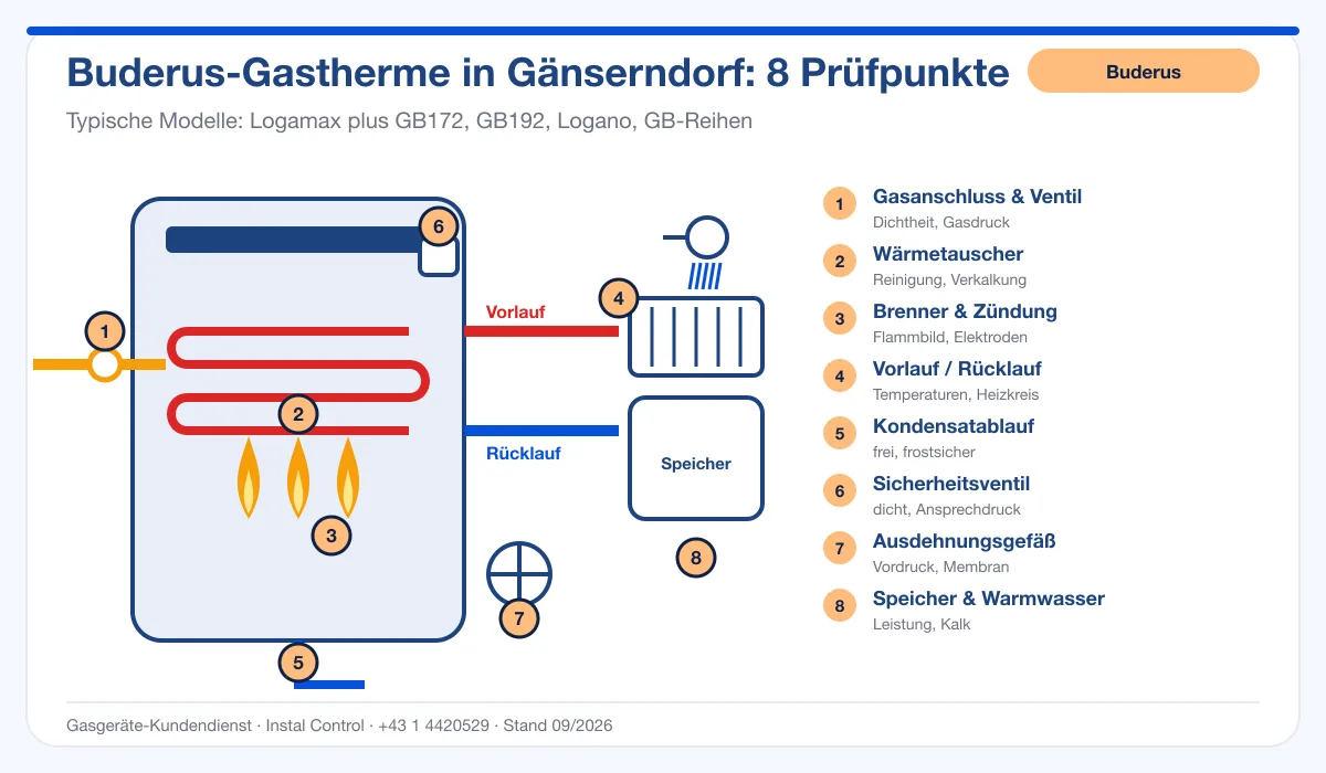 Infografik Buderus Thermenwartung Gänserndorf: Aufbau einer Buderus-Gastherme mit 8 Prüfpunkten