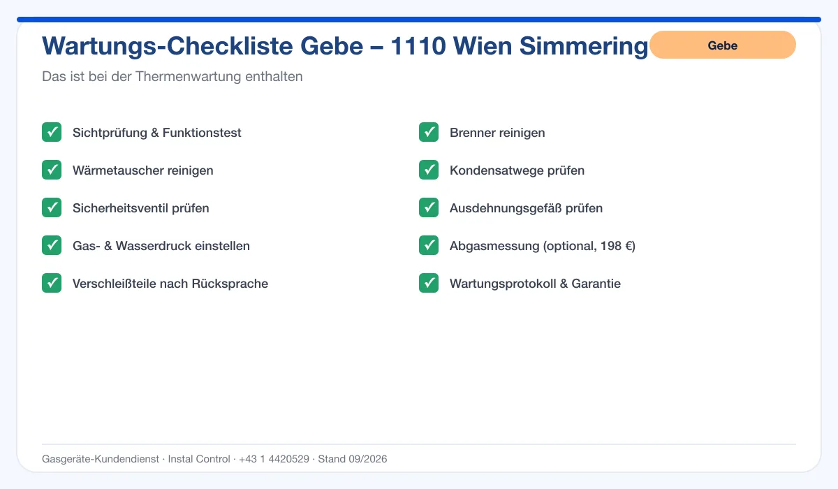 Infografik Gebe Thermenwartung 1110 Wien Simmering: Wartungs-Checkliste mit 10 enthaltenen Leistungen