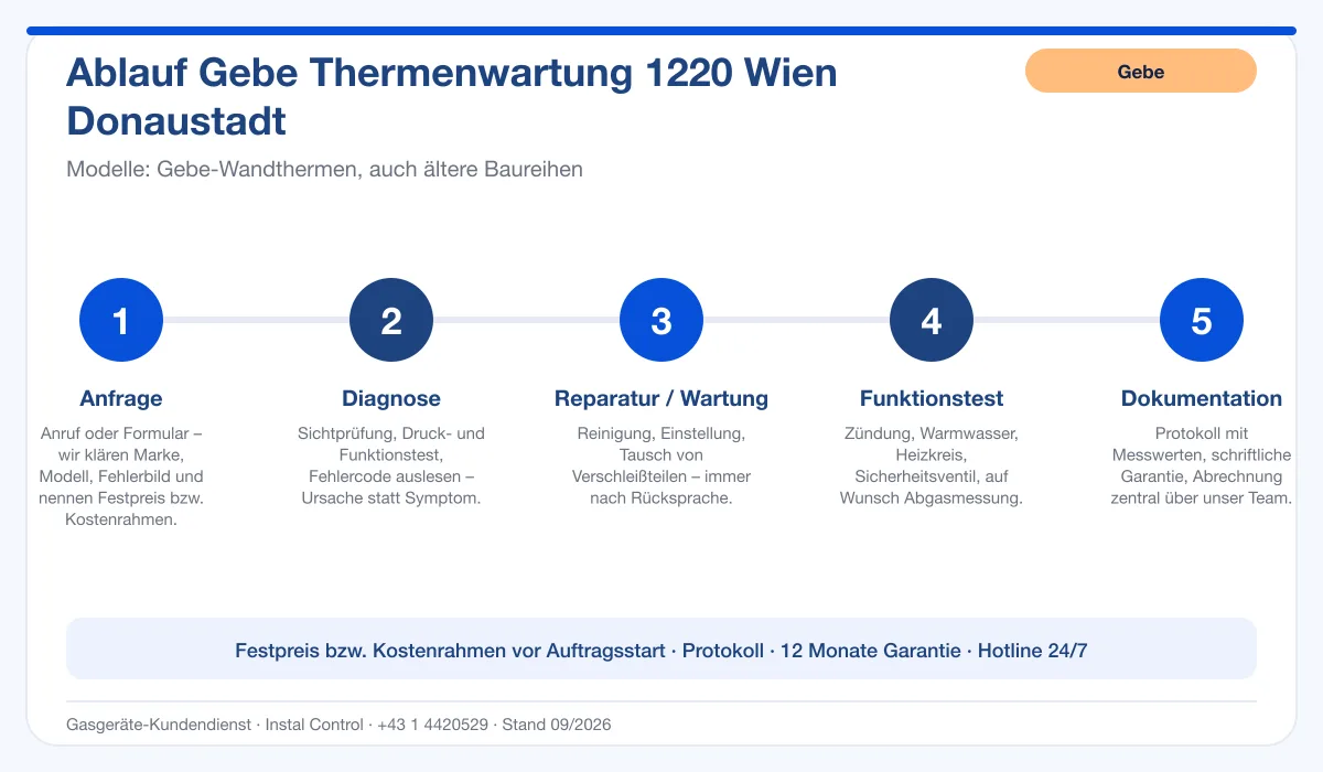 Infografik Ablauf Gebe Thermenwartung 1220 Wien Donaustadt: Anfrage, Diagnose, Service, Funktionstest, Protokoll