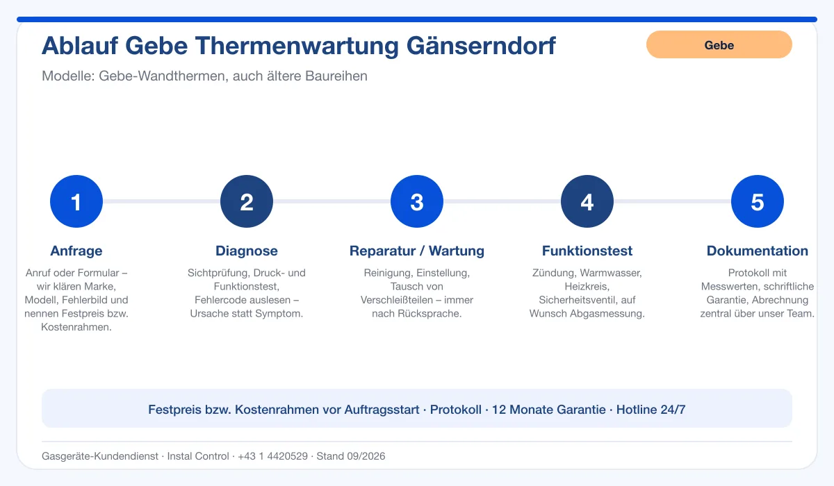 Infografik Ablauf Gebe Thermenwartung Gänserndorf: Anfrage, Diagnose, Service, Funktionstest, Protokoll