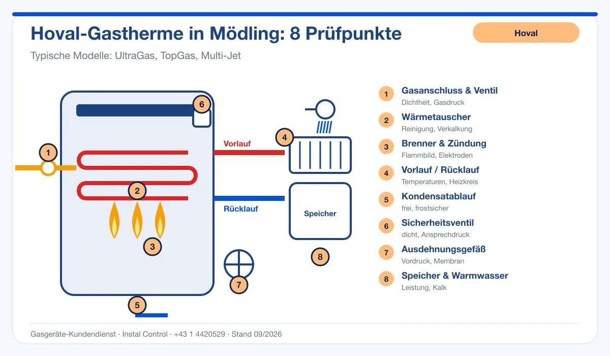 Infografik Hoval Kundendienst Mödling: Aufbau einer Hoval-Gastherme mit 8 Prüfpunkten