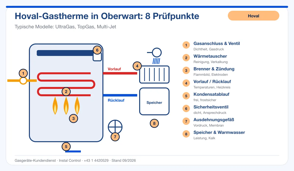 Infografik Hoval Kundendienst Oberwart: Aufbau einer Hoval-Gastherme mit 8 Prüfpunkten