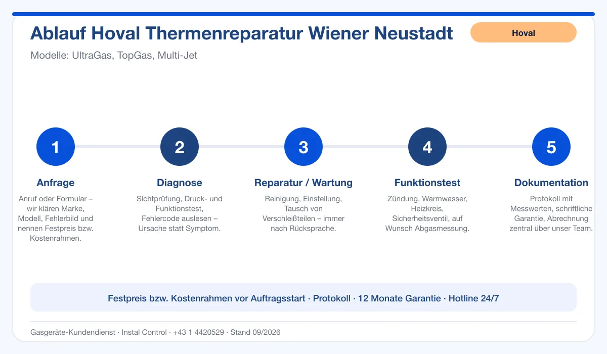 Infografik Ablauf Hoval Thermenreparatur Wiener Neustadt: Anfrage, Diagnose, Service, Funktionstest, Protokoll
