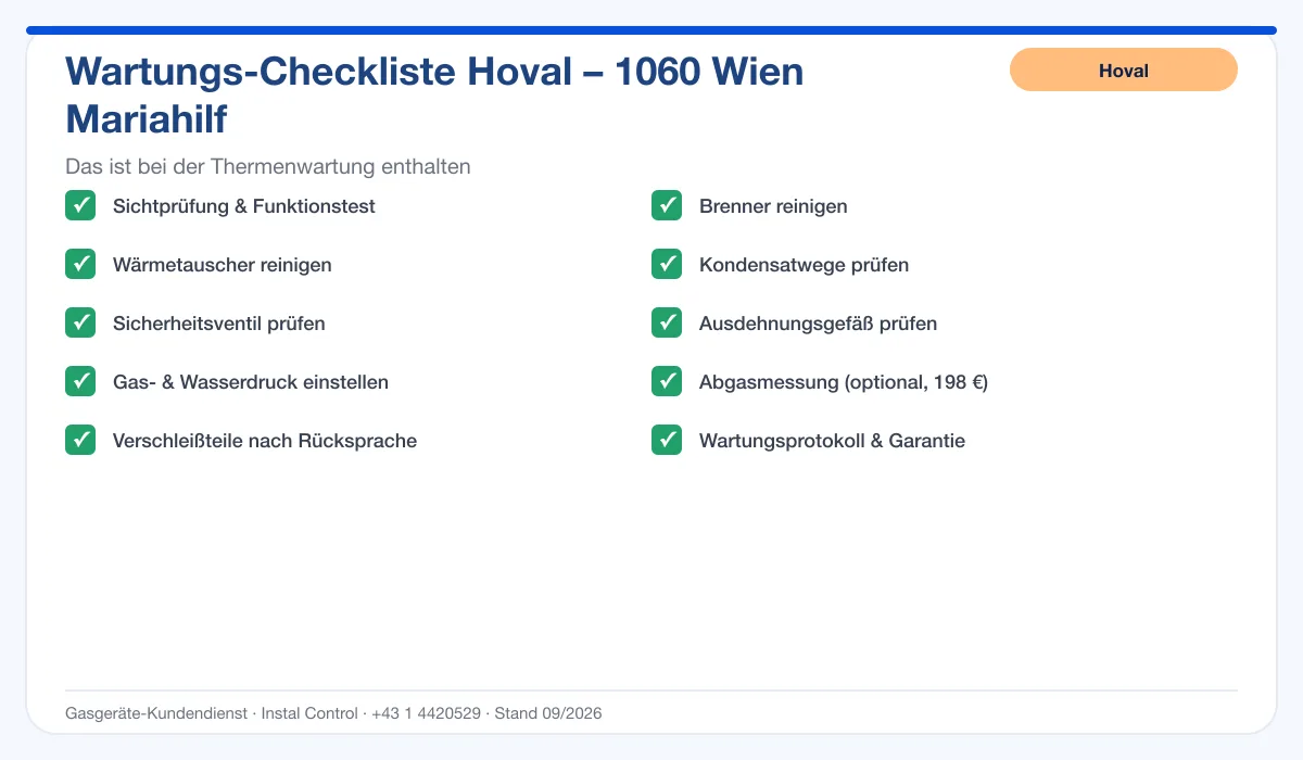Infografik Hoval Thermenwartung 1060 Wien Mariahilf: Wartungs-Checkliste mit 10 enthaltenen Leistungen