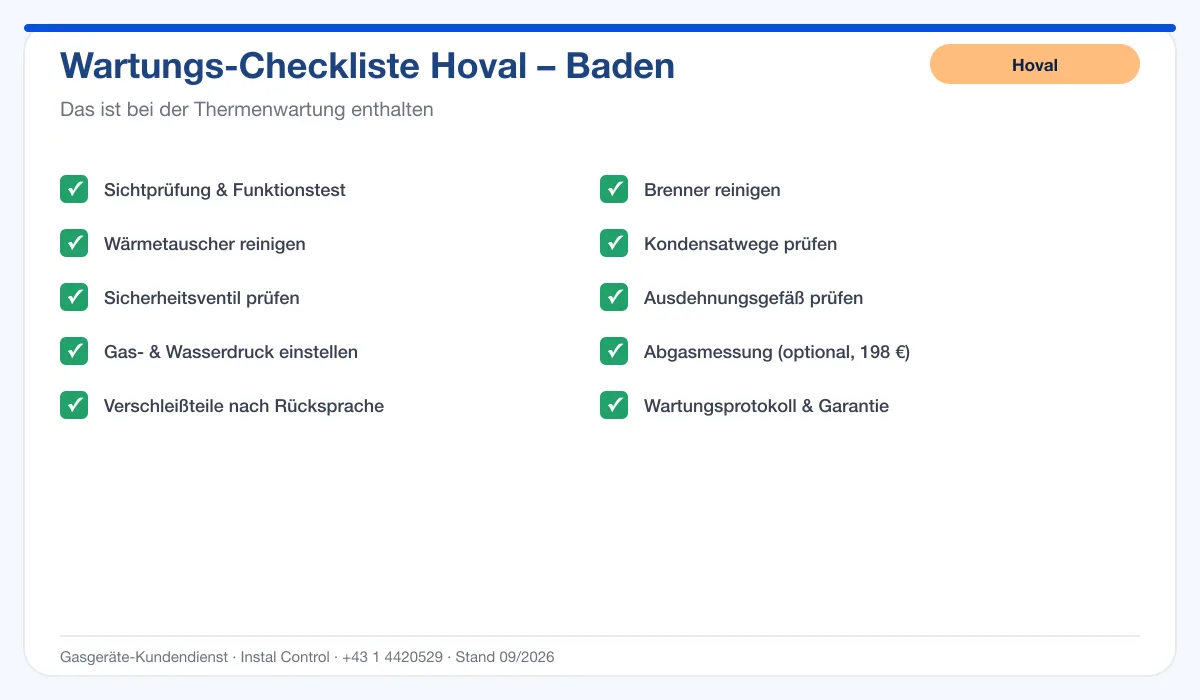 Infografik Hoval Thermenwartung Baden: Wartungs-Checkliste mit 10 enthaltenen Leistungen