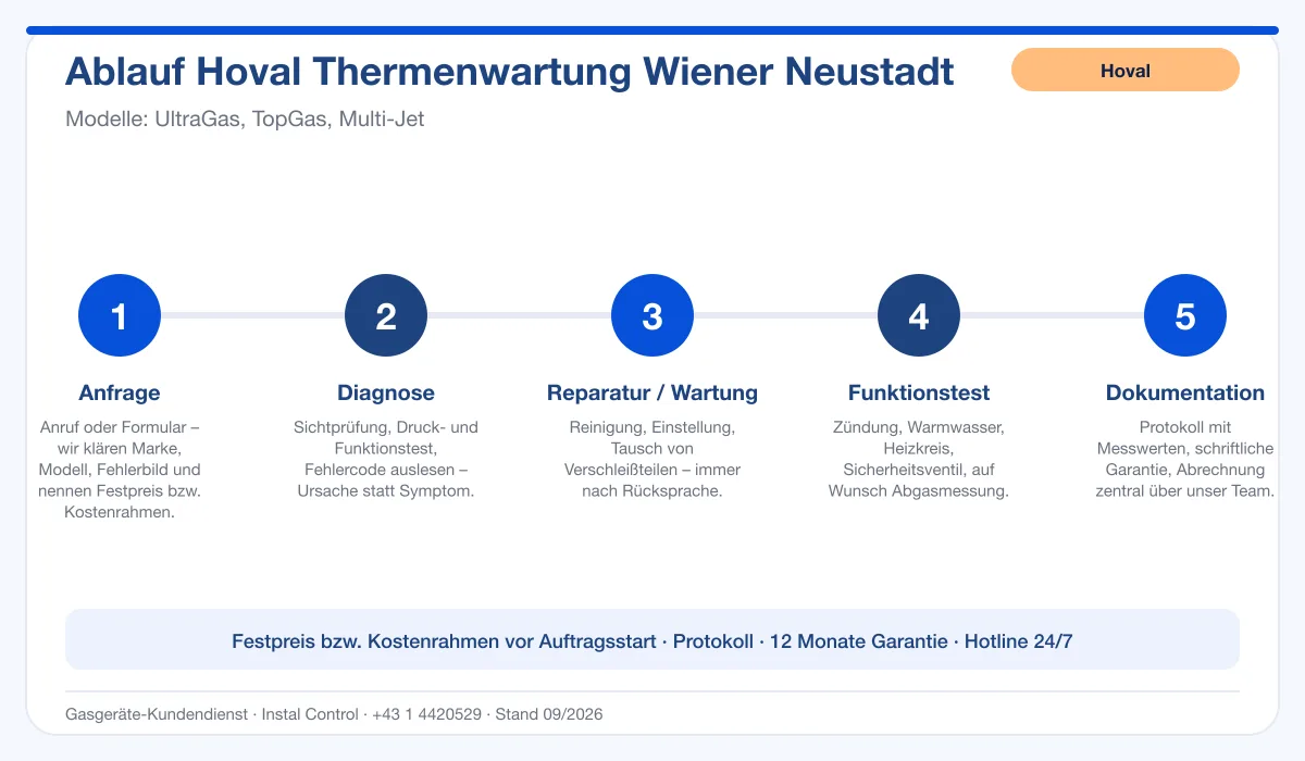 Infografik Ablauf Hoval Thermenwartung Wiener Neustadt: Anfrage, Diagnose, Service, Funktionstest, Protokoll
